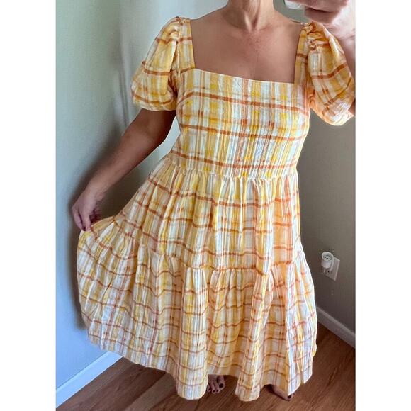 Astr The Label Anthropologie IIana Puff Sleeve Prarie Yellow Plaid Dress - Picture 5 of 17